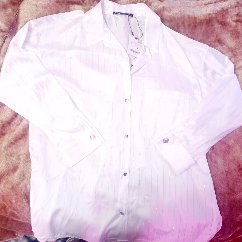 NWT Zara L BLOUSE SHIRT Long-sleeve WHITE Oversized